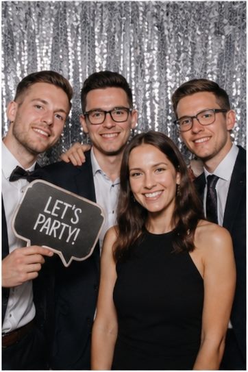 Kolleg:innen im Anzug feiern mit „Let's Party“-Schild