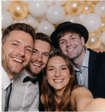 Gruppen-Selfie vor Gold- und Weiß-Luftballonbogen
